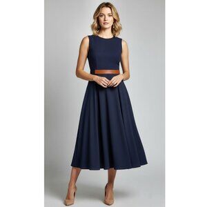 Rocksanda Pleated A-Line Dress, Navy Blue, Orange trim accents, Size 8 NWT